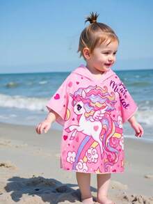 SHEIN 女婴可爱休闲粉色卡通图案连帽宽松沙滩罩衫，适合沙滩、游泳、度假 - 粉色 - 查看 1