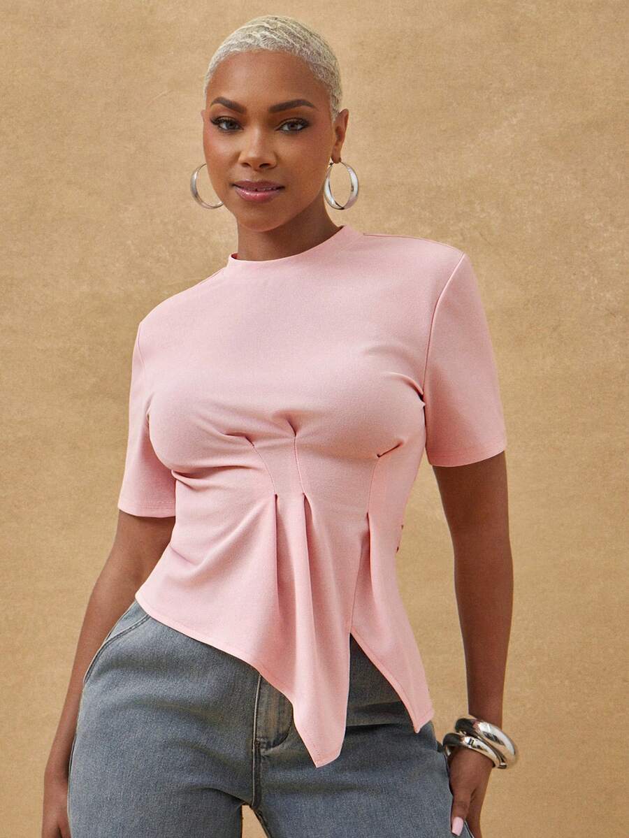 Vixey Blusa casual con cuello redondo, cintura ceñida y bajo asimétrico con abertura - Rosa - Ver 1