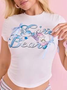 SHEIN X Care Bears Camiseta de mujer de manga corta con cuello redondo y estampado de dibujos animados - Blanco - Ver 6