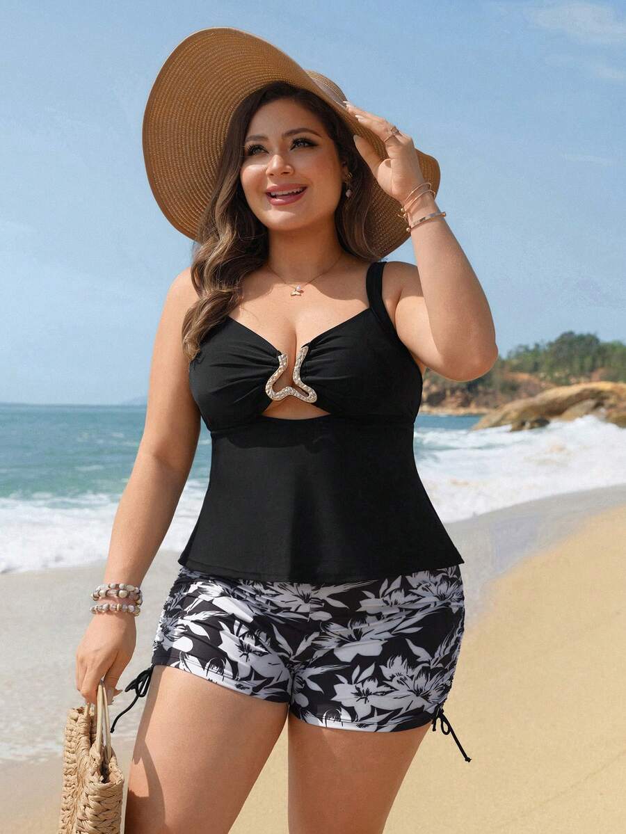 Swim Lushoire Plus Size Women's Printed Tankini Swimwear 2 Pieces Set, Metal Decor, Modest Style For Beach, Pool, Swimming, Sports - Multicolor - View 1
