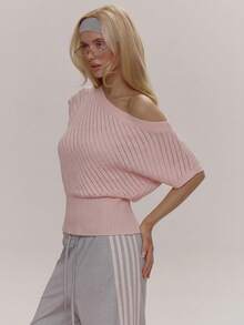 MUSERA 不对称露肩蝙蝠袖罗纹收腰针织可爱少女性感春冬日常外出糖果色 - 淺粉色 - 查看 3