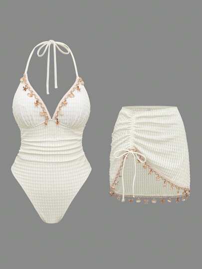 Swim Oasis Top de Maiô Bikini Triângulo de Cor Sólida Feminino com Alça de Corrente de Concha, Maiô; Maiô Feminino com Cordão na Cintura e Decoração de Corrente de Concha em Duas Peças