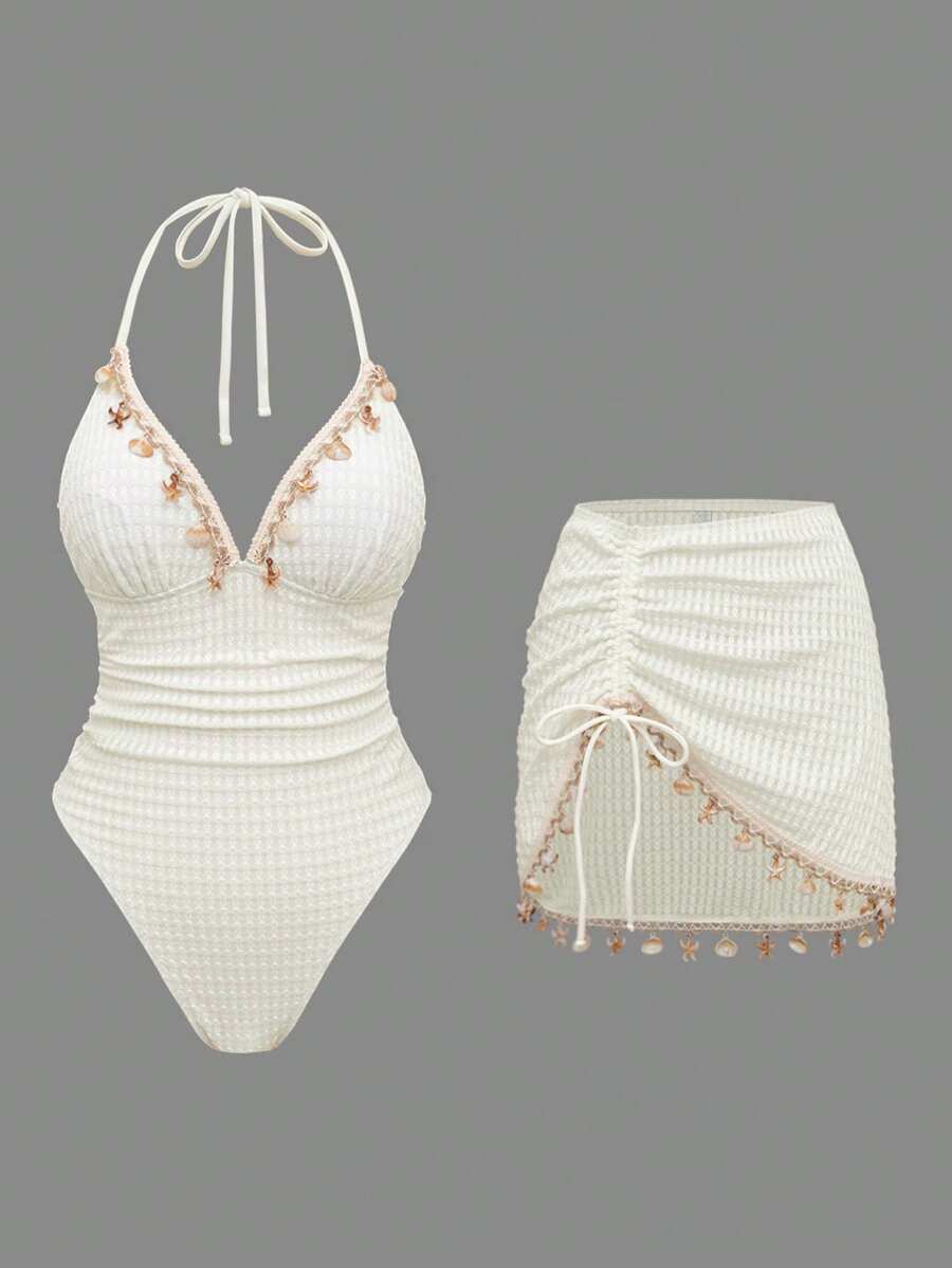 Swim Oasis 女士纯色三角比基尼上衣,贝壳链肩带,连体泳衣;女士抽绳腰带贝壳链装饰分体泳衣 - 杏色 - 查看 1