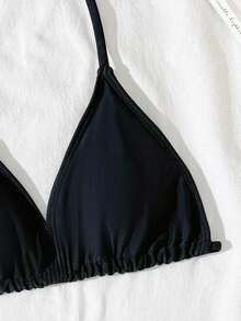 SHEIN Tween Girls Bikini Sets, Black Knit Fabric Triangle Halter Neck Swimsuit Two-Piece Suit, Fashionable Casual Elegant Suitable For Swimming, Beach, Holiday - Black - View 4