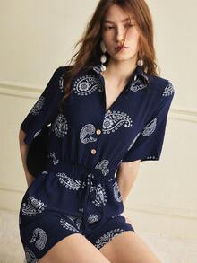 Écloséra Women's Casual Vacation Style Navy Blue Paisley Pattern Slim Waist Slimming Jumpsuit Button Jumpsuit Women's Casual Vacation Style Women's Navy Blue Jumpsuit Women's Paisley Pattern Jumpsuit Women's Slim Waist Slimming Jumpsuit Women's Button Jumpsuit Women's Short Sleeve Jumpsuit Women's Summer Casual Vacation Style Everyday Wear Women's Casual Outings - Navy Blue - View 1