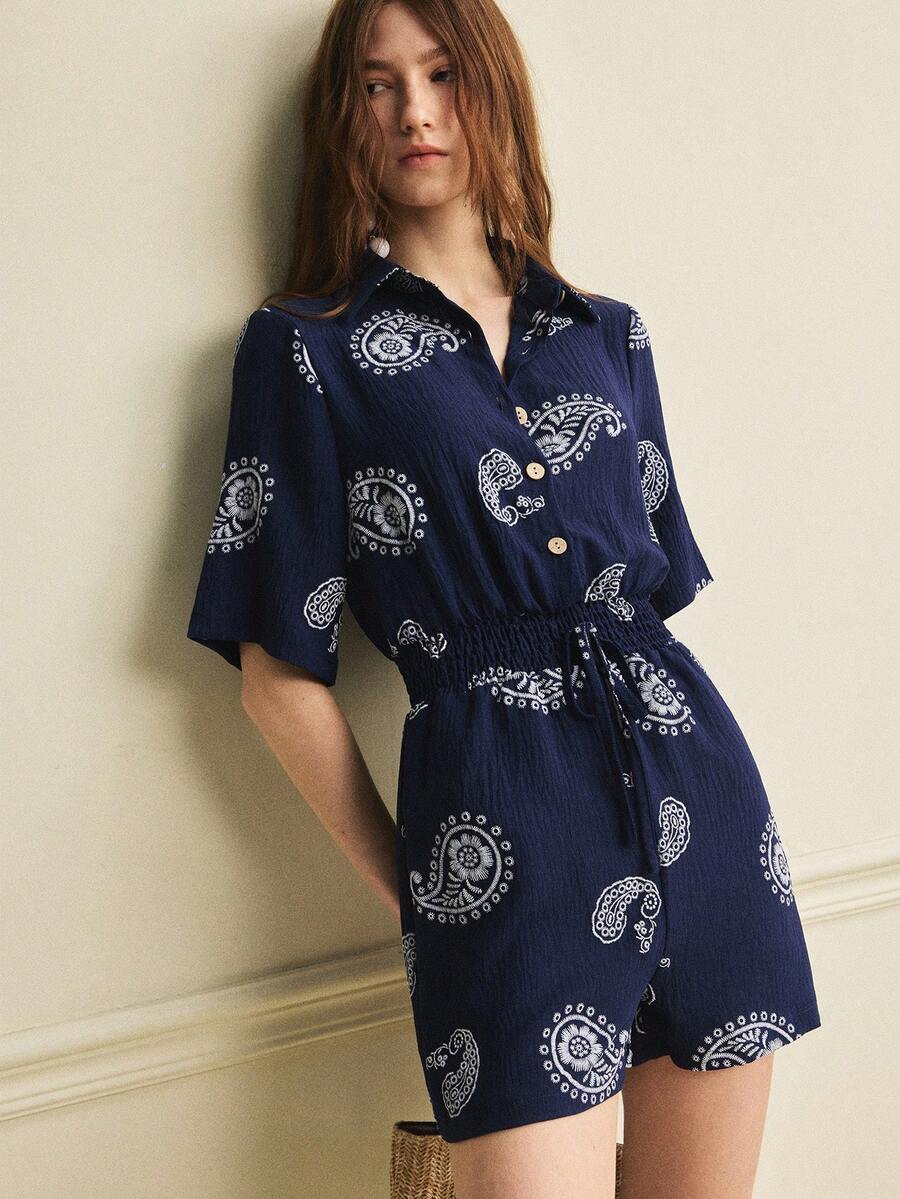 Écloséra 女士休闲度假风藏青色腰果花图案收腰显瘦连体裤 - 藏蓝色 - 查看 1