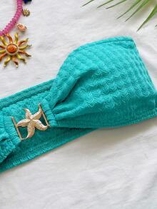 Soleia 春夏度假镂空海星金属抹胸露脐上衣和层叠迷你裙针织纹理两件套，适合度假、约会、下午茶、音乐节、波西米亚风度假等场合。 - 水鴨藍 - 查看 4