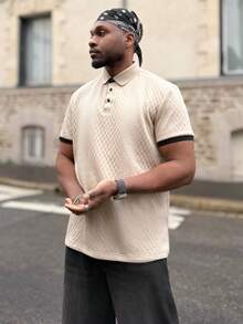 Heavens Edit Men's Casual Vacation Style, Featuring An INS-Inspired Geometric Diamond-Textured Jacquard Knit Short-Sleeve Polo Shirt. Perfect For Music Festivals, Hawaii Beach Getaways - Apricot - View 3