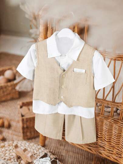2pcs/Set Summer Toddler Boys' Gentleman Outfit, Consisting Of A Beige Textured Woven Vest And Shorts, V-Neck Design With 3 Buttons On The Front, Right Chest Pocket With White Decor, Straight-Cut Pants With Pleats, Simple And Comfortable, Suitable For Daily, Festivals, Parties, Birthdays