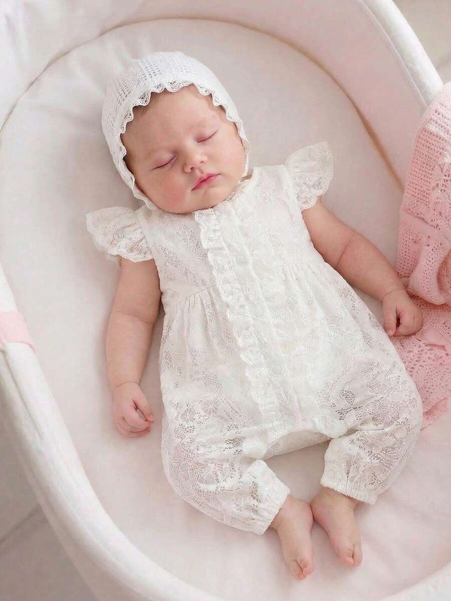 SHEIN 新生儿连体衣，缎面提花精致碎花图案，丝滑缎面面料，蕾丝边饰，短袖长裤款式，适合夏季、派对、度假、外出、拍照等场合，柔软宽松，舒适甜美，优雅大方。 - 白色 - 查看 1