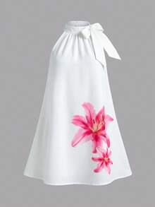 Young Girl Loose Casual Floral Pattern Mandarin Collar Sleeveless Dress - White - View 5