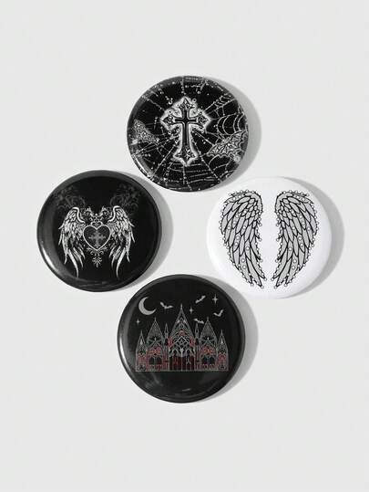 4 Y2k Retro Unique Personalized Fashion Punk Dark Wind Goth Two-Dimensional Bar Stamp Black/White Spider Web Vampire Bat Cross Rhinestone Demon Wings Dragon Wings Moon Dark Castle Print Silver Pin DIY Badge Brooch Hand Account Decoration Bag Pendant, Combination Set, Suitable For Sisters, Girlfriends, Friends, Girls And Ladies Daily Wear, Holiday Gifts