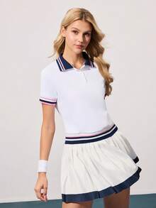 CourtClass CourtClass 女士撞色罗纹拼接 Polo 领纽扣宽松短袖运动休闲日常网球 Polo 衫 - 白色 - 查看 5