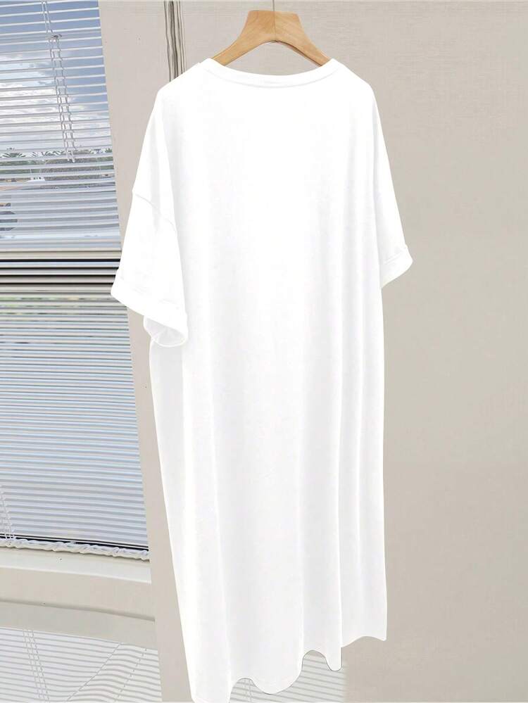GlowEve CURVE Casual Plus Size T-Shirt Dress White Short With Half Roll Up Sleeves Round Neck And Bow Print - White - View 2