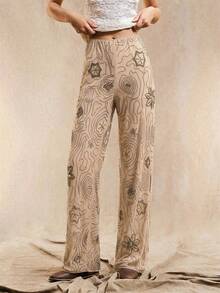 Easelle Celana Panjang Wanita Model Lurus Longgar dengan Motif Bohemian Berhiaskan Manik-Manik, Warna Aprikot, Musim Panas - Aprikot - View 8