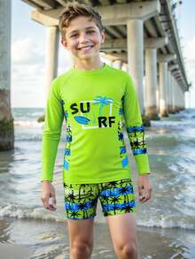 SHEIN Boys' Swimwear,Tropical Palm Tree & Letter Print Long Sleeve Rash Guard And Swim Trunks 2-Piece Set,Lime Green Summer Funny Beach Vacation Holiday - Green - View 3
