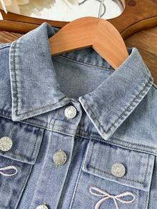 Tween Girl Cute Bow Embroidered Denim Sleeveless Vest And Shorts Set,Light Blue,Summer,Casual,Vacation,Soft Cotton Fabric,Asymmetric Hem,Ripped Cuffed - Medium Wash - View 7