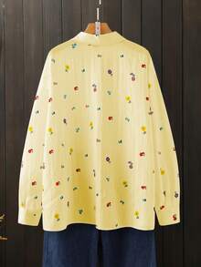 SHEIN LUNE Spring & Autumn New Ditsy Floral Print Casual Commuter Plus Size Shirt Fall - Yellow - View 2