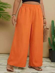 Travachic Plus Size Solid Color Loose High Waist Straight Leg Pants, Casual Suitable For Daily Wear - Orange - View 4