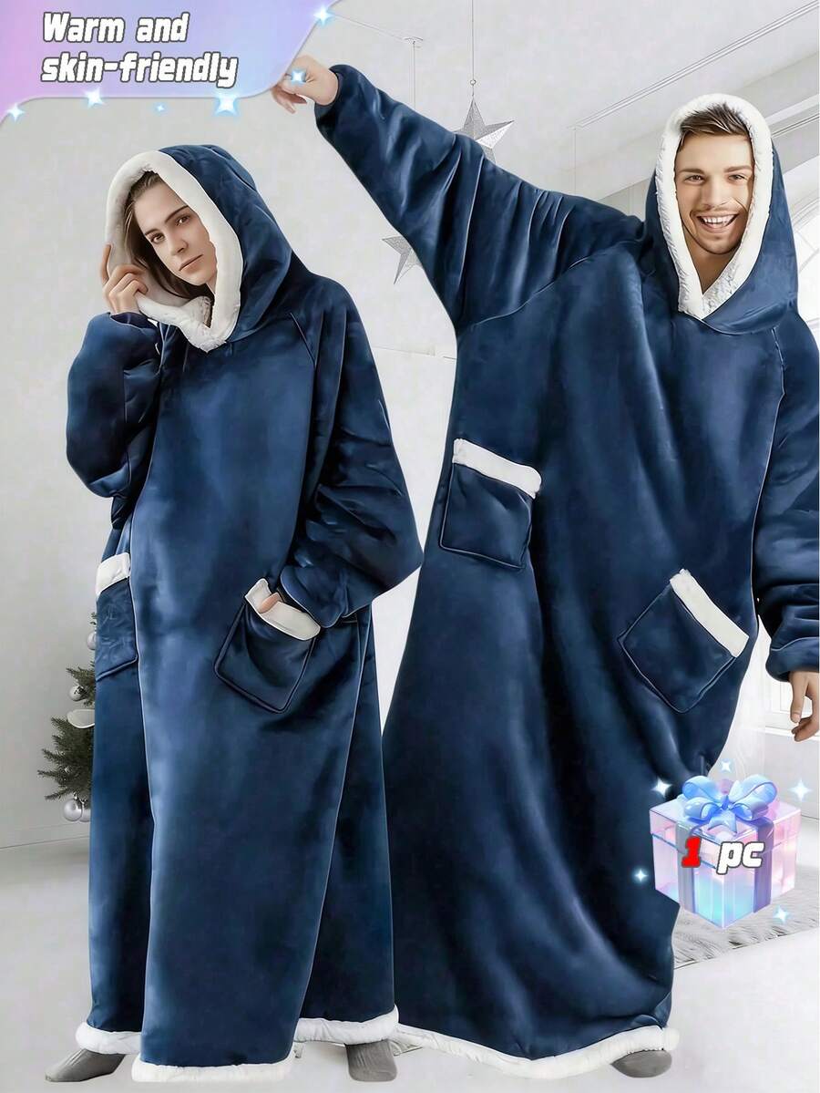 蓝灰色连帽毯，成人可穿戴毯，冬季家居服，加厚保暖内衬纯色浴袍，厚实柔软保暖防脱落，酒店/宾馆/家庭成人睡衣，家居浴室装饰沙滩装返校季，可作为男女礼物、生日礼物，超大号连帽衫 - 彩色 - 查看 1