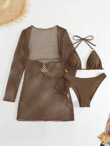 Bonvoyette Bañador bikini triángulo halter liso con cover up - Café integral - Ver 3