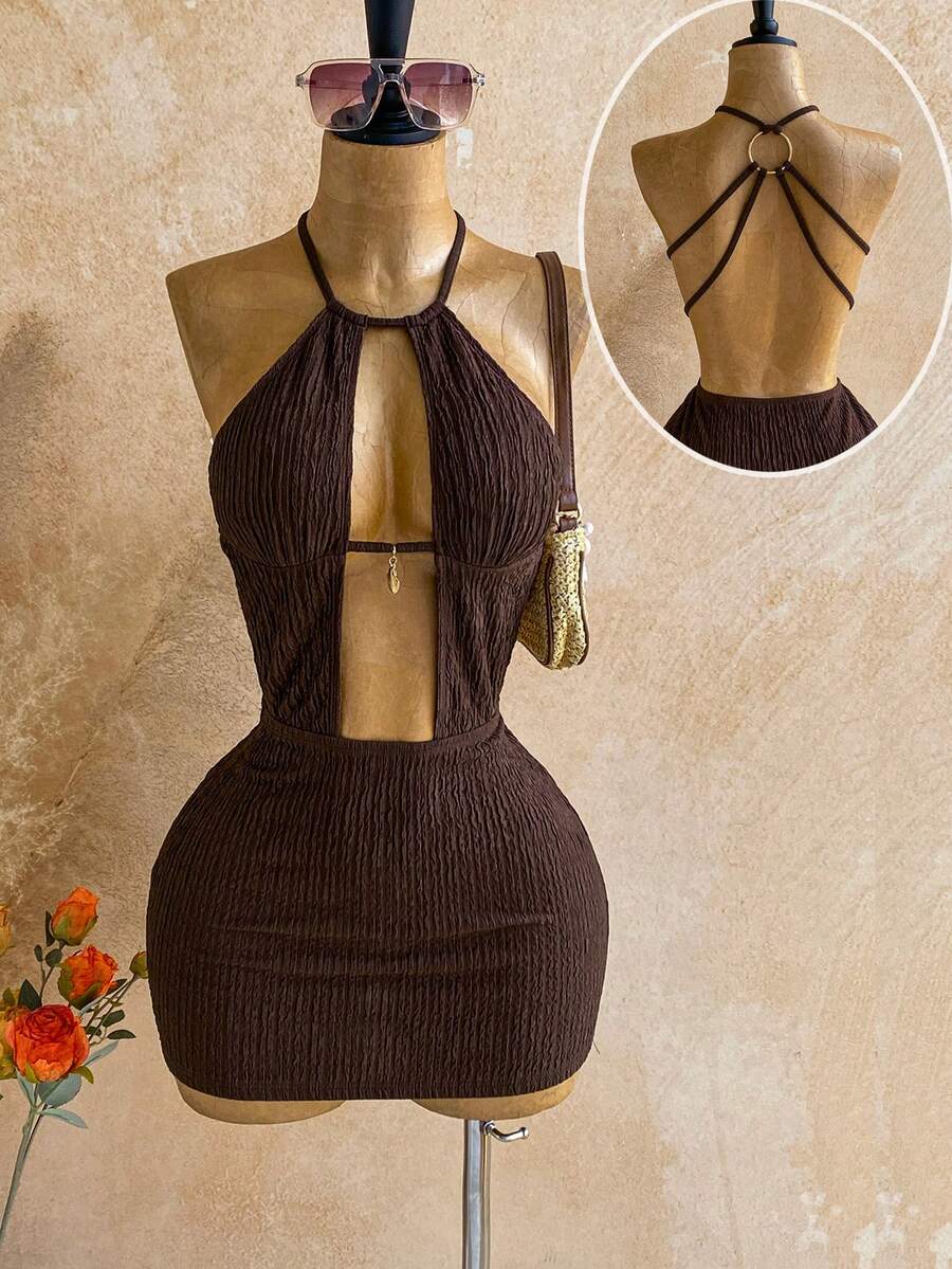 Soleia Đầm dự tiệc mùa Xuân/Hè kiểu dáng thường ngày, phong cách miền Tây, thích hợp cho kỳ nghỉ, đám cưới, lễ tốt nghiệp, tiệc brunch, ngày lễ Thánh Patrick, kỳ nghỉ xuân, lễ Phục Sinh, lễ hội âm nhạc, thanh lịch, phong cách Boho, nhiệt đới, hở lưng, đính hạt, trang trí kim loại, cổ yếm, cổ chữ V sâu, đầm mini dự tiệc đi biển cho nữ. - màu nâu - Xem 1