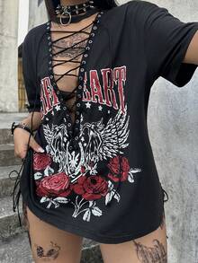 Whyspr 暗黑朋克复古黑色摩托车摇滚图案抽绳女式T恤 - 黑色 - 查看 6