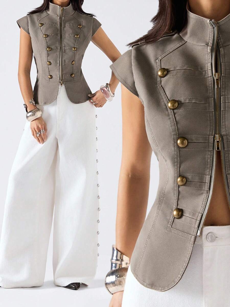 LYSMO 2026 New Arrive Minimalism Spring/Summer Women's Retro Mandarin Collar Jacket, Suitable For Commuting - Light Grey - View 1