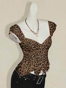 SHEIN ICON 女士纯色纹理针织双层荷叶边下摆甜心领短袖优雅T恤，适合休闲街头穿着 - 彩色 - 查看 3