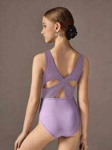 “1 件装少女纯色时尚弹力网纱露背交叉紧身连体衣 - 适合上学、运动、舞蹈、体操、芭蕾、返校锻炼、训练比赛、日常休闲穿着 - 四季皆宜” - 紫色 - 查看 2