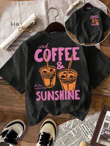 EMERY ROSE Camiseta de mujer "Café con hielo y sol", Camiseta de café con hielo, Amante del café - Negro - Ver 1