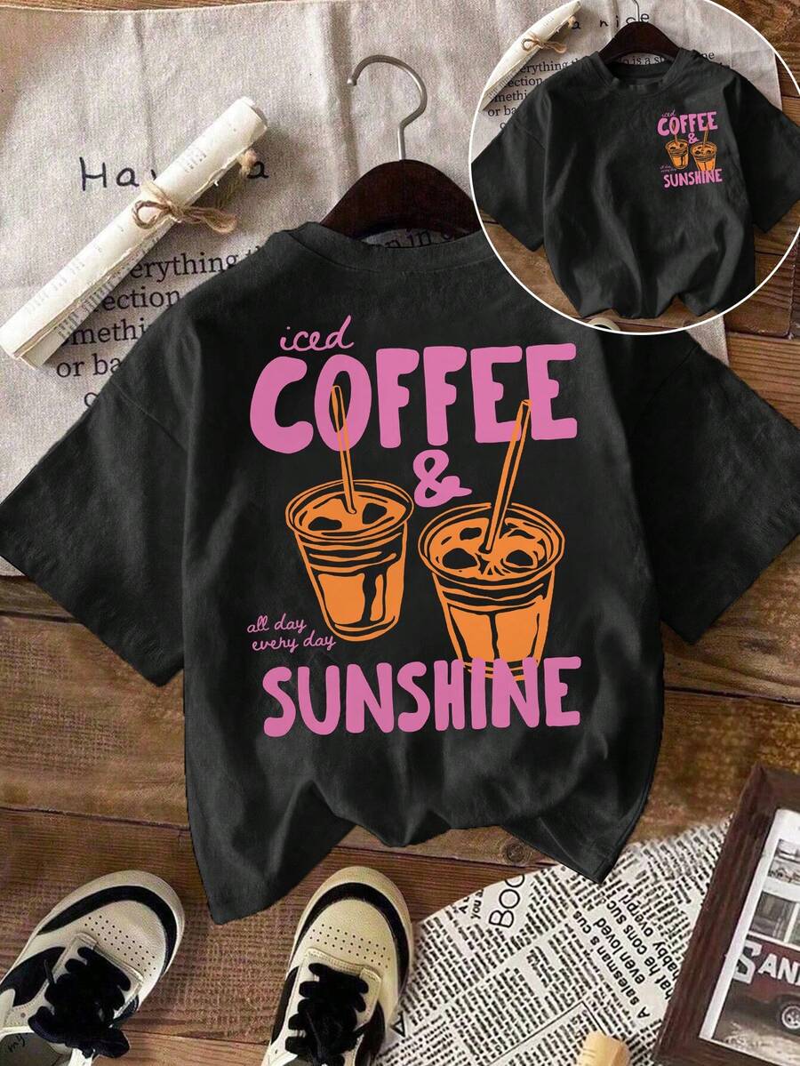 EMERY ROSE Camiseta de mujer "Café con hielo y sol", Camiseta de café con hielo, Amante del café - Negro - Ver 1