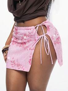 Coolane Women's Summer Casual Tropical Vacation Vacation Beach Graphics Sequin Beaded Embroidered Tie Front Low Rise Split Pink Mini Skirt - Pink - View 1