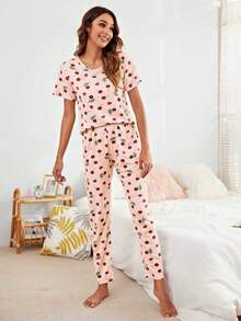Cherry Print Pajama Set With Eye Cover - Baby Pink - View 3