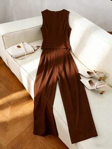 Airaco Bộ vest nữ thanh lịch hiện đại màu trơn gồm áo gile cổ chữ V cài một hàng khuy và quần ống rộng cạp cao, bộ đồ công sở trang nhã, bộ vest thường ngày. - màu nâu - Xem 2