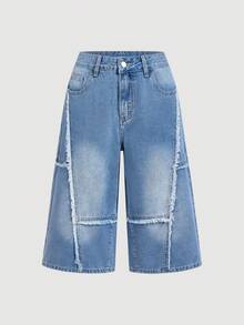 Sweetra Quần jeans nữ dáng lửng 7/8, kiểu dáng thường ngày, phối nhiều mảnh vải. - Rửa nhẹ - Xem 1