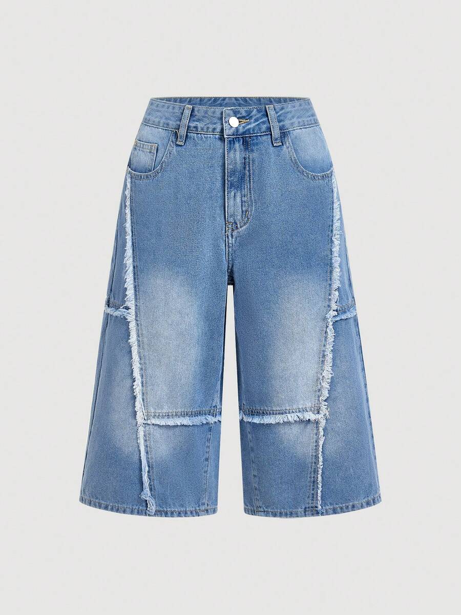 Sweetra Quần jeans nữ dáng lửng 7/8, kiểu dáng thường ngày, phối nhiều mảnh vải. - Rửa nhẹ - Xem 1