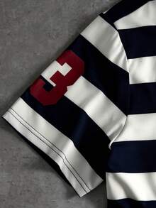 Manfinity Roghcode Camisa polo de talla grande para hombres con bloques de color, rayas y estampado de letras - Azul y blanco - Ver 4