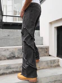 GALLERY FADE Men's Street Fashion Frayed Patchwork Wide Leg Pants, Washed Earth Gray - Dark Grey - View 3