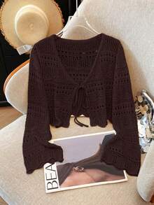 Franclia New Solid Color Hollow Crochet Lace Lightweight Cardigan, Versatile Outerwear For Women - Coffee Brown - View 3