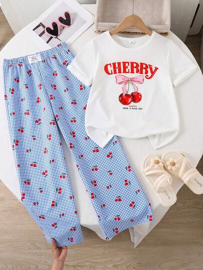 Sparklyn 2pcs Girls Summer Sets, Minimalist Casual Luxury Style Squishy Cute Tops: White Loose Short Sleeve T-Shirt With Cherry Graphic Decor + Adorable Cherry Plaid High Waist Wide Leg Pants, Two Piece Outfit For Holiday & Daily Wear