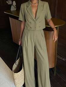 Women Two Pieces Short Sleeve Suit Jacket And Suit Pants Casual Loose Commute Set Business Attire - Green - View 1