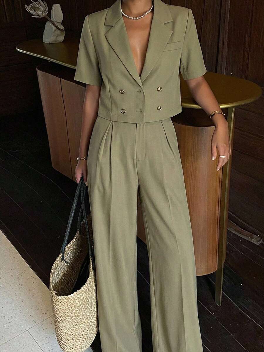 Women Two Pieces Short Sleeve Suit Jacket And Suit Pants Casual Loose Commute Set Business Attire - Green - View 1