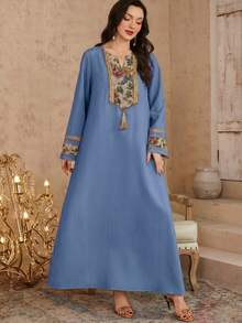 Al Najma Áo tunic cổ nơ hoa 3D và váy dài truyền thống Ả Rập dành cho nữ mùa xuân/hè. - Màu xanh lam - Xem 5