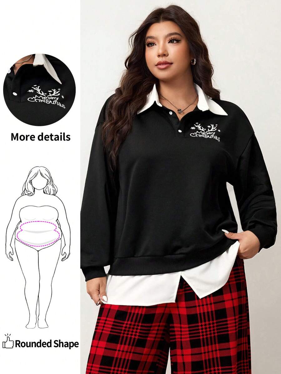 Enliva Plus Size Women's Colorblock Shirt Collar Sweatshirt And Red Plaid Pants Set, Christmas Pattern And Elastic Waist Details Set, Compatible With Apple Rounded Body Shape/2026 /New Year - Multicolor - View 1