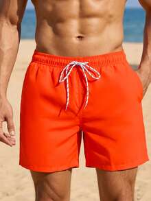 VIVINTIMO Men's Plain Pocketed Drawstring Waist Beach Shorts, Suitable For Summer, Hawaiian, Men Dry Fit Orange Swim Trunks, Men Swim Trunk Matching, Men Beachwear, Plain Swim Trunks - Burnt Orange - View 1