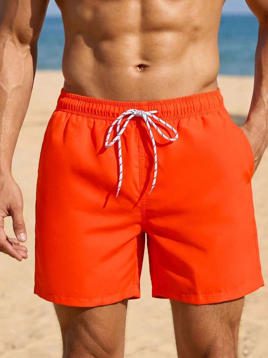 VIVINTIMO Men's Plain Pocketed Drawstring Waist Beach Shorts, Suitable For Summer, Hawaiian, Men Dry Fit Orange Swim Trunks, Men Swim Trunk Matching, Men Beachwear, Plain Swim Trunks - Burnt Orange - View 1
