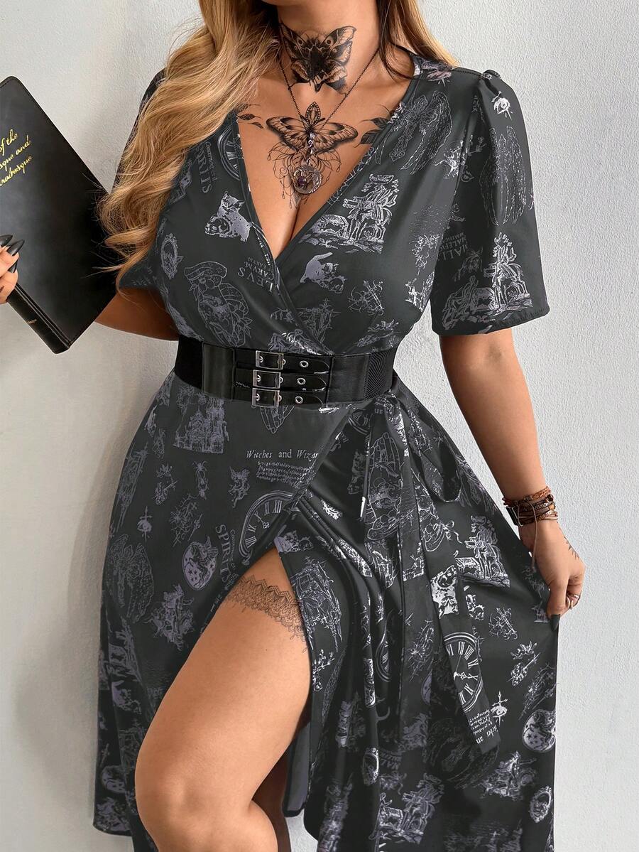 Whyspr Đầm ngắn tay cổ chữ V gợi cảm, thắt eo, in họa tiết, thời trang. - Xám - Xem 1