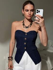 Lavishia Women's Elegant Front Button Bandeau Top, Summer - Black - View 1