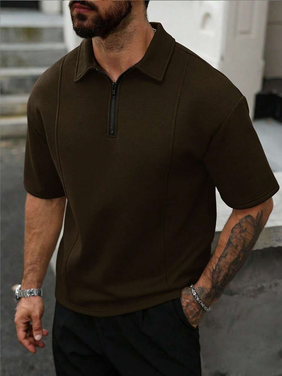 Manfinity CasualCool 男士拼接设计 Polo 衫，时尚百搭，适合日常穿着 - 棕色 - 查看 1